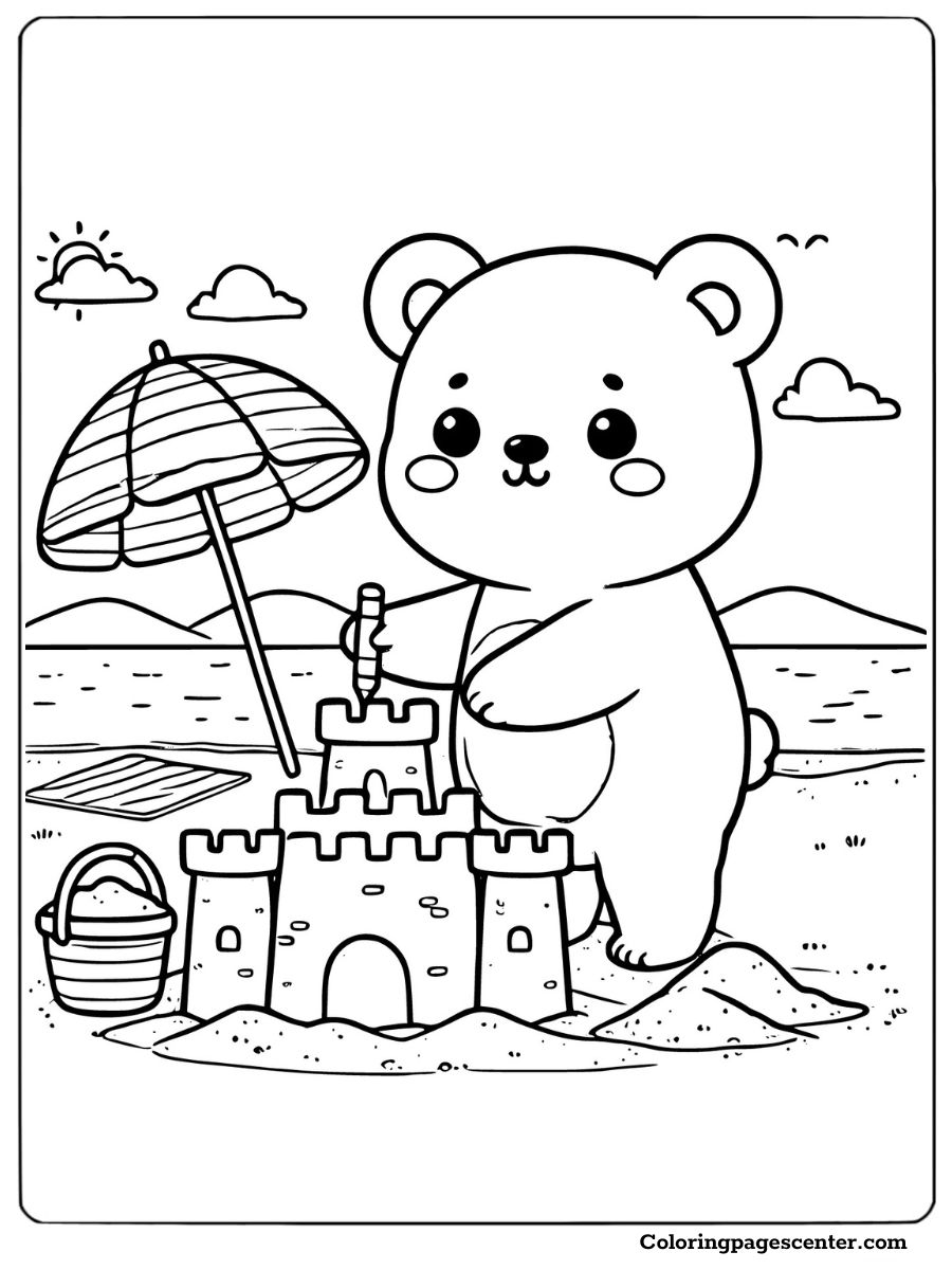 A cute baby bear playing with a sandcastle under an umbrella coloring page