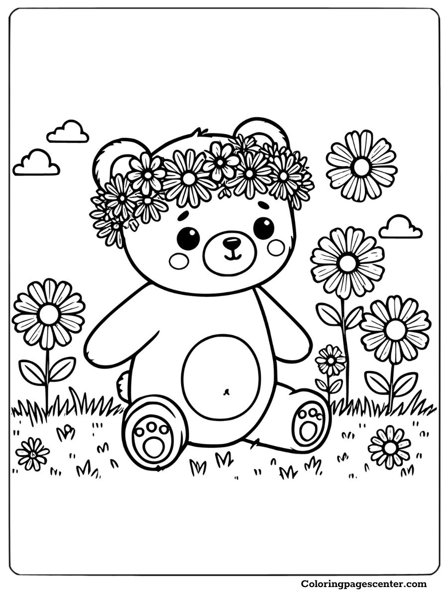 Baby bear wearing a flower crown in a garden full of daisies coloring page