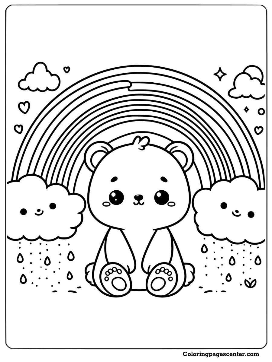 Adorable baby bear sitting with a rainbow and smiling clouds coloring page