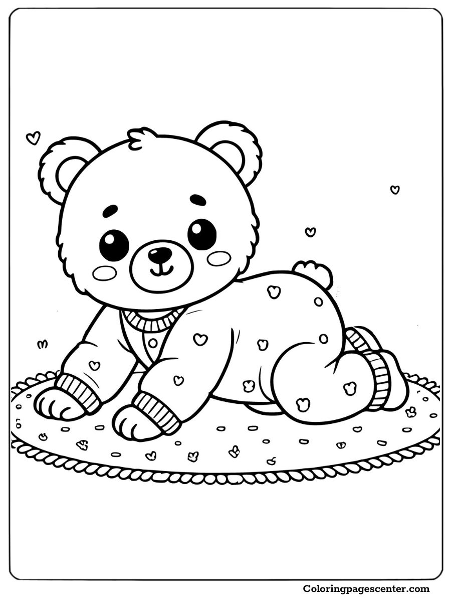 Baby bear crawling on a mat in a heart-patterned onesie coloring page