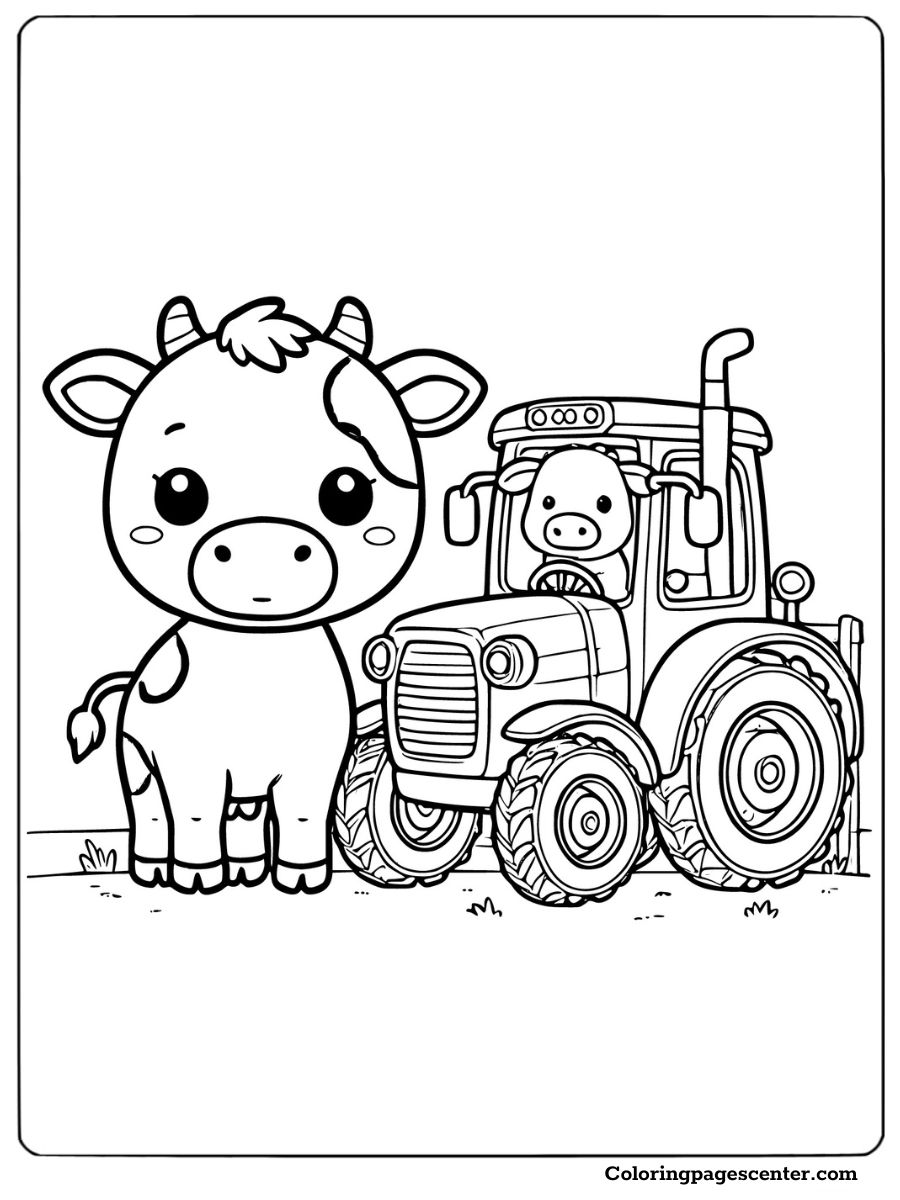 A cute baby cow and tractor drawing for a coloring page