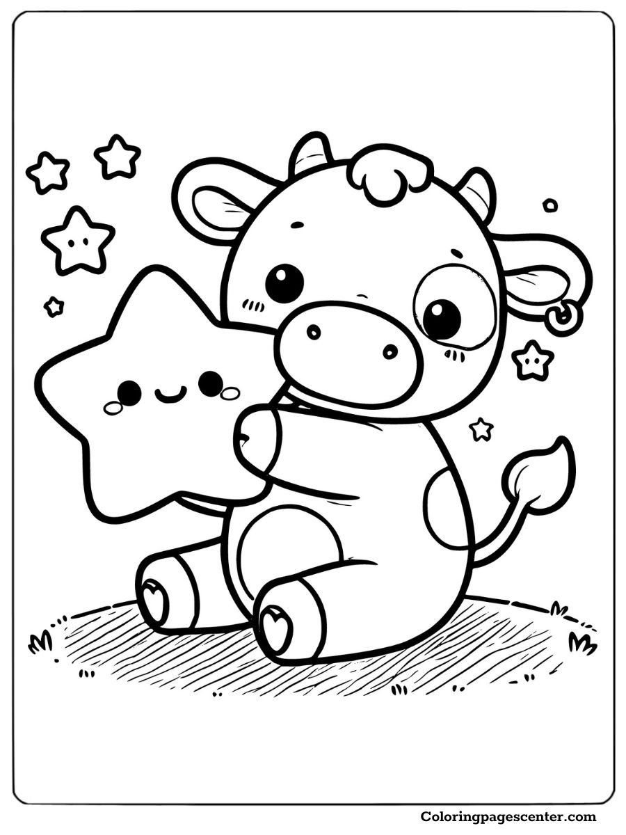 Baby cow hugging a smiling star for a creative coloring activity