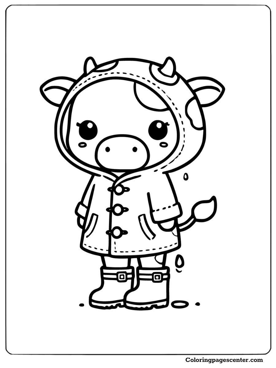 Baby cow in a raincoat with boots on a fun coloring page