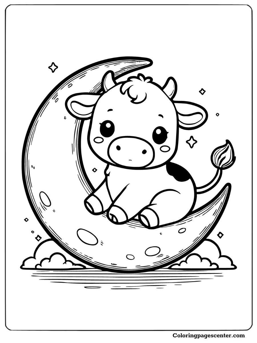 Baby cow sitting on a crescent moon for a sweet coloring page