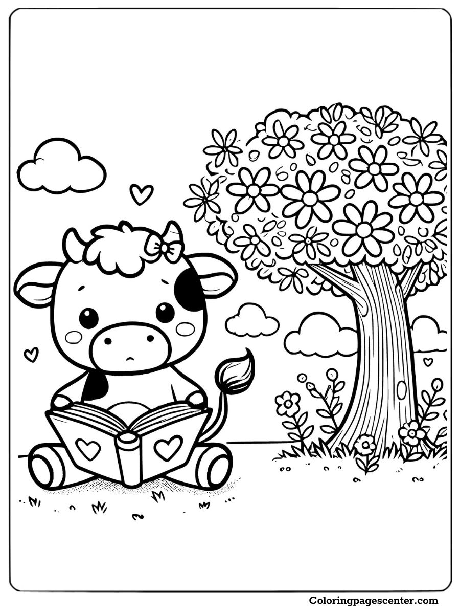 Baby cow reading a book under a tree with flowers to color