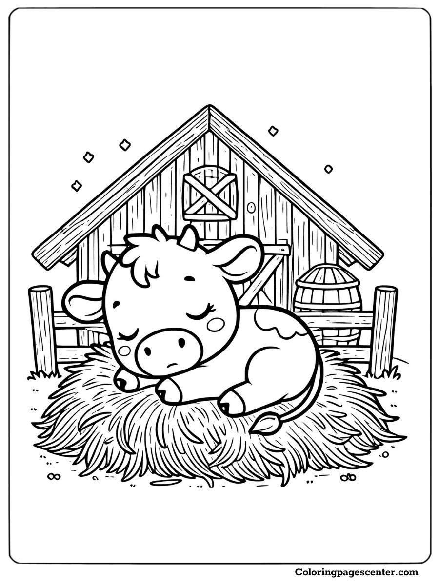 Baby cow sleeping in a haystack near a barn for coloring