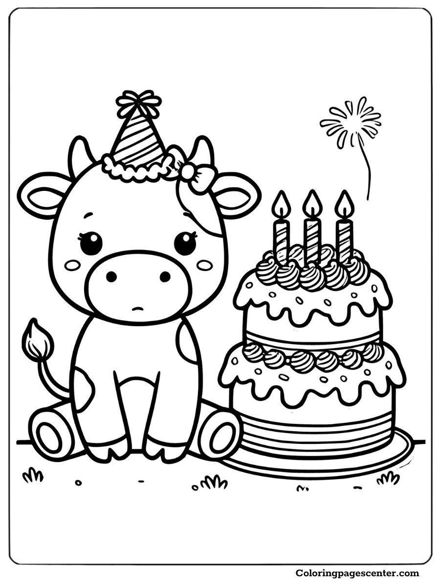 Birthday-themed baby cow and cake illustration for coloring