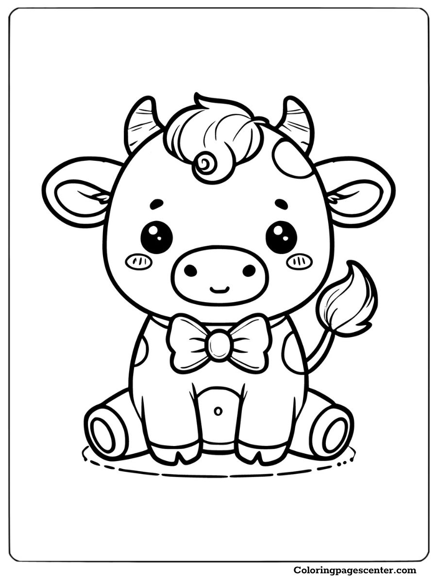 Baby cow with a bowtie and cheerful pose to color