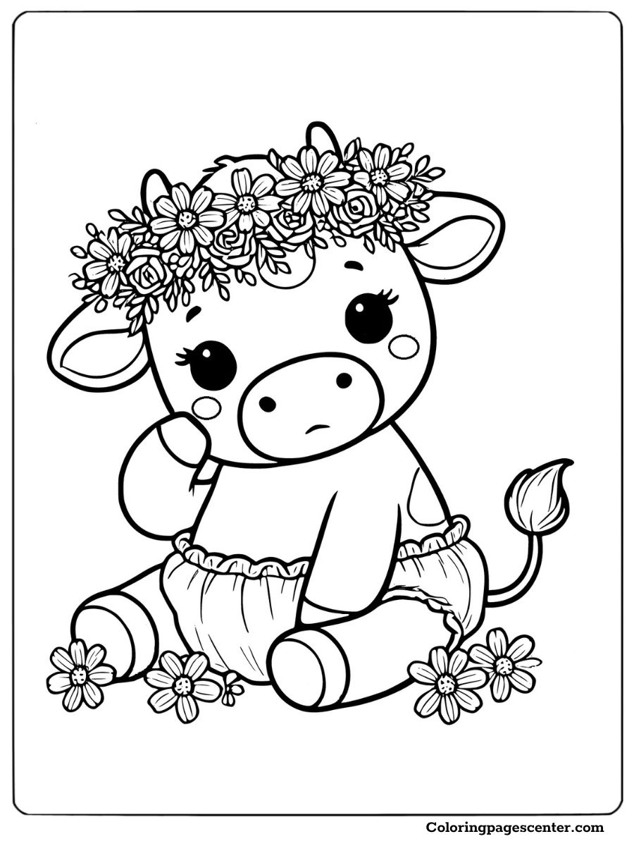 Adorable baby cow wearing a flower crown for coloring fun