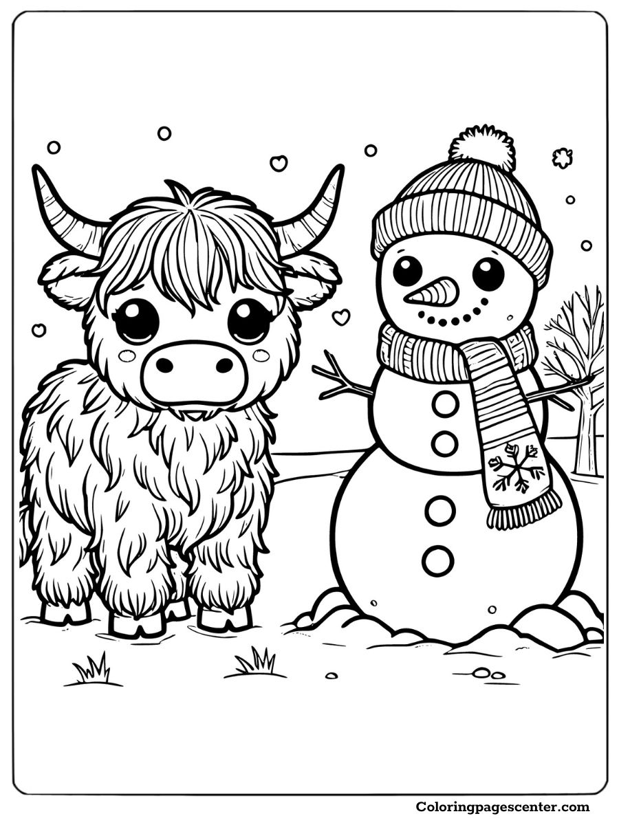 Baby highland cow standing next to a snowman coloring page