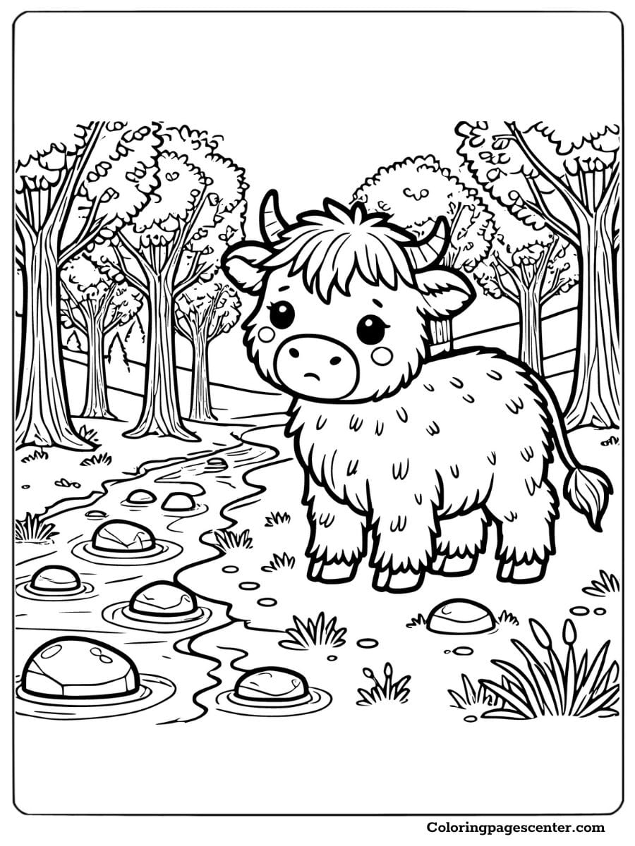 Adorable baby highland cow near a stream coloring page