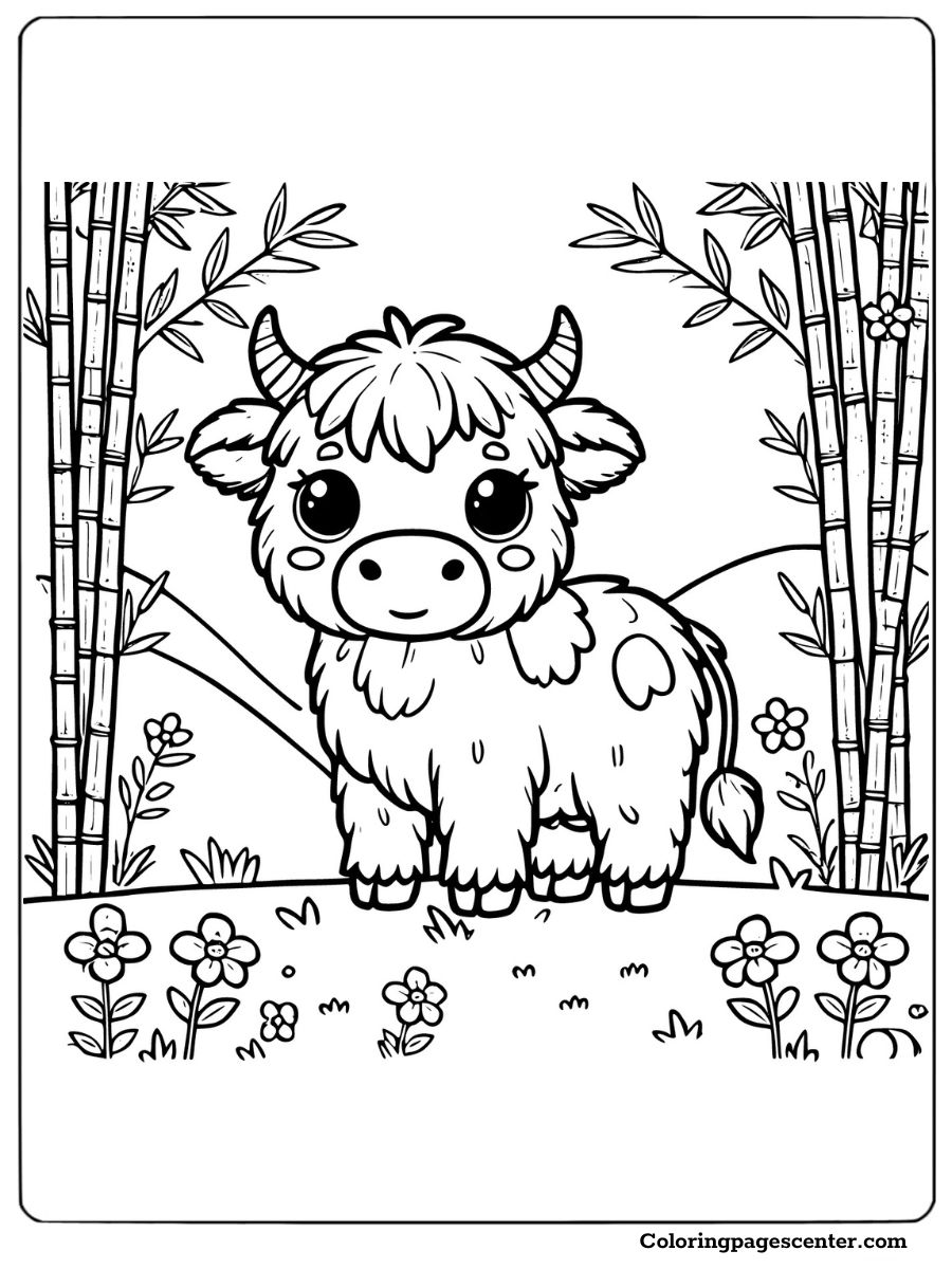 Baby highland cow surrounded by bamboo coloring page