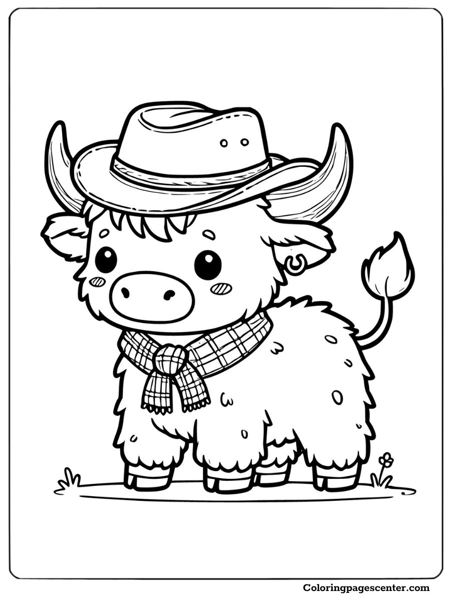 Baby highland cow wearing a cowboy hat coloring page