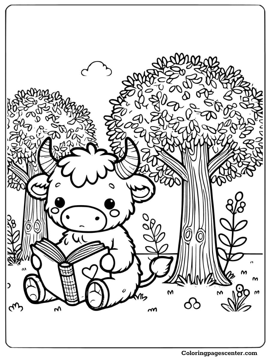 A baby highland cow holding a book coloring page