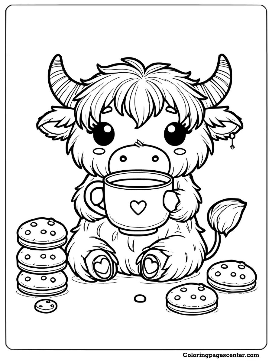 Baby highland cow drinking from a cup with cookies coloring page