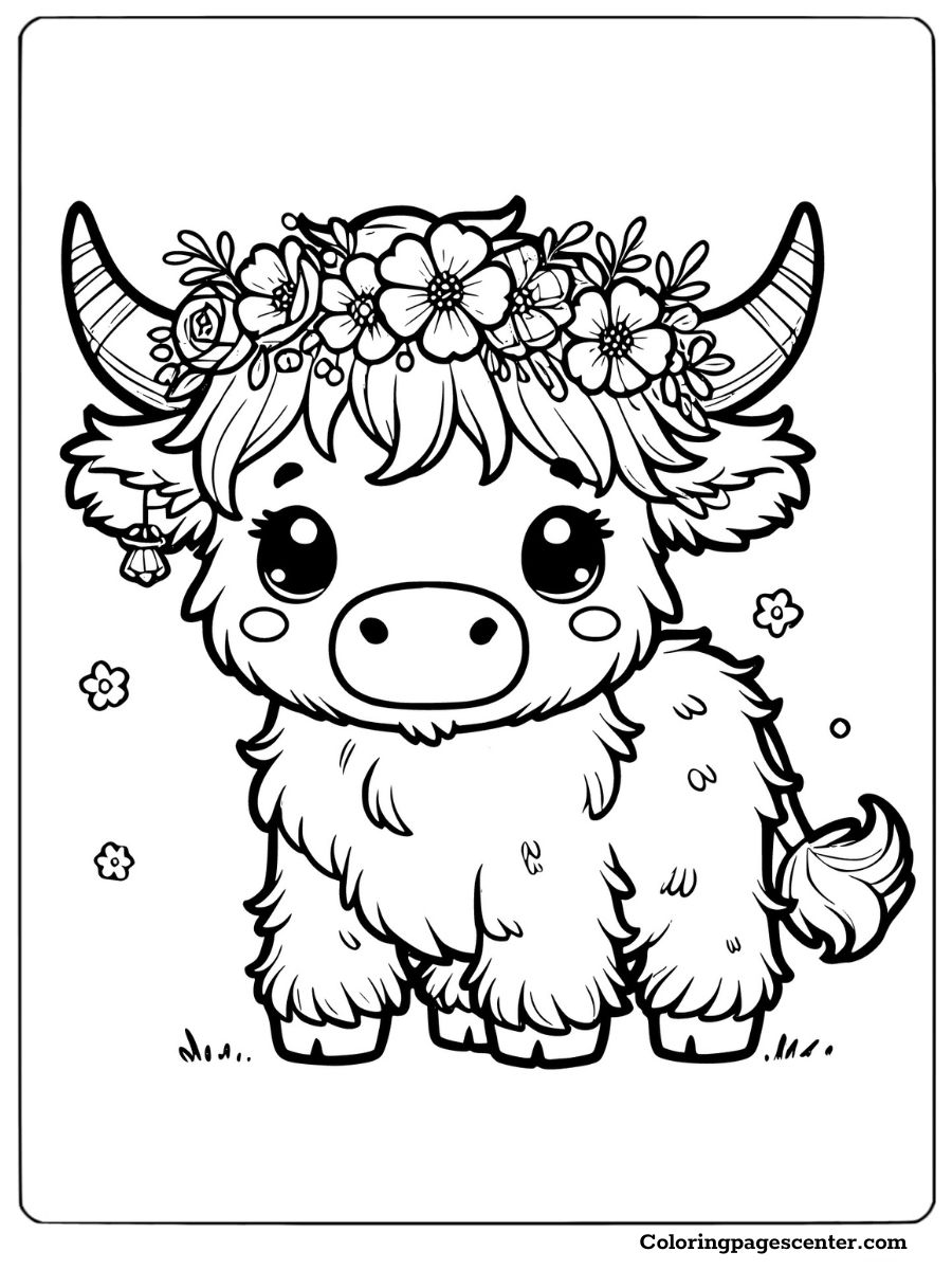 Cute baby highland cow wearing a flower crown coloring page