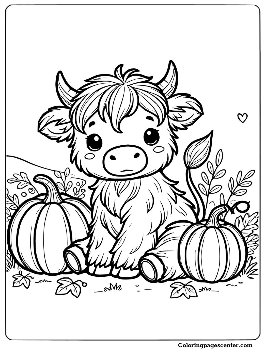 Baby highland cow with pumpkins in a farm scene coloring page