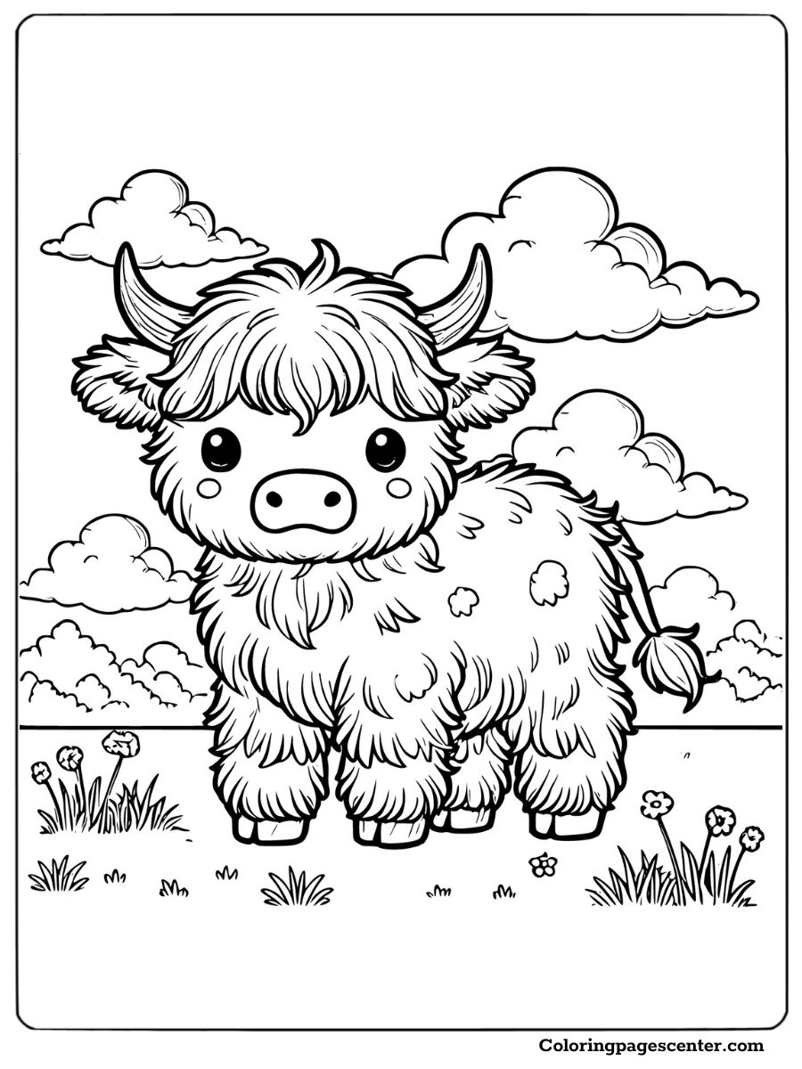 Happy baby highland cow on a grassy field coloring page