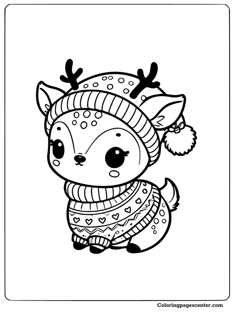 Coloring page of a baby reindeer wearing a cozy sweater