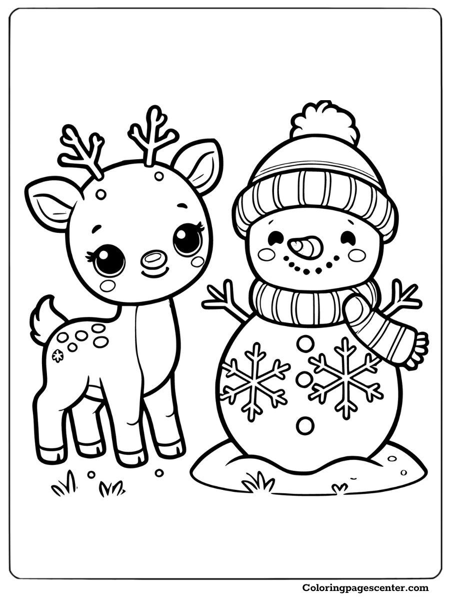 Baby reindeer with a snowman in a winter scene coloring page