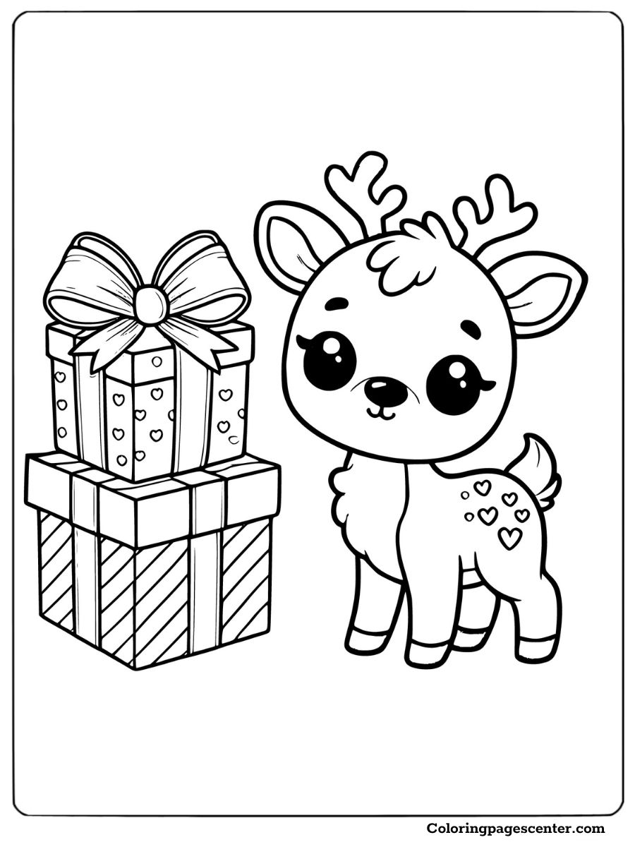 Baby reindeer next to a gift box coloring page