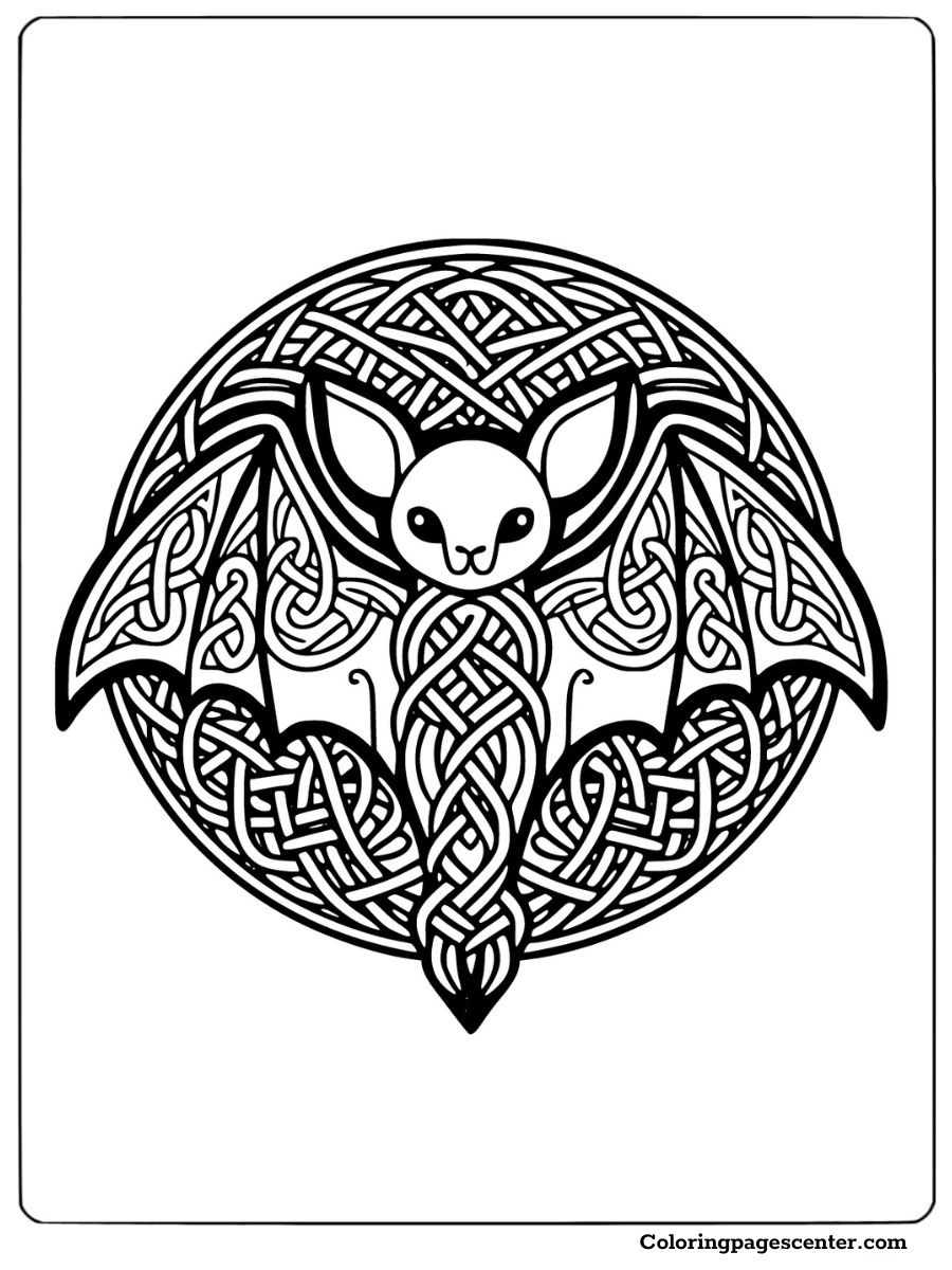 A Celtic-inspired bat coloring page for adults with intricate knot designs and a symmetrical circular layout