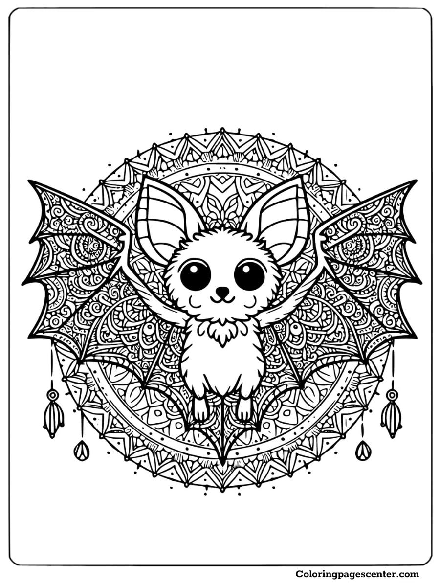 A bat coloring page for adults showcasing a bat with wings extended over a mandala design filled with detailed patterns