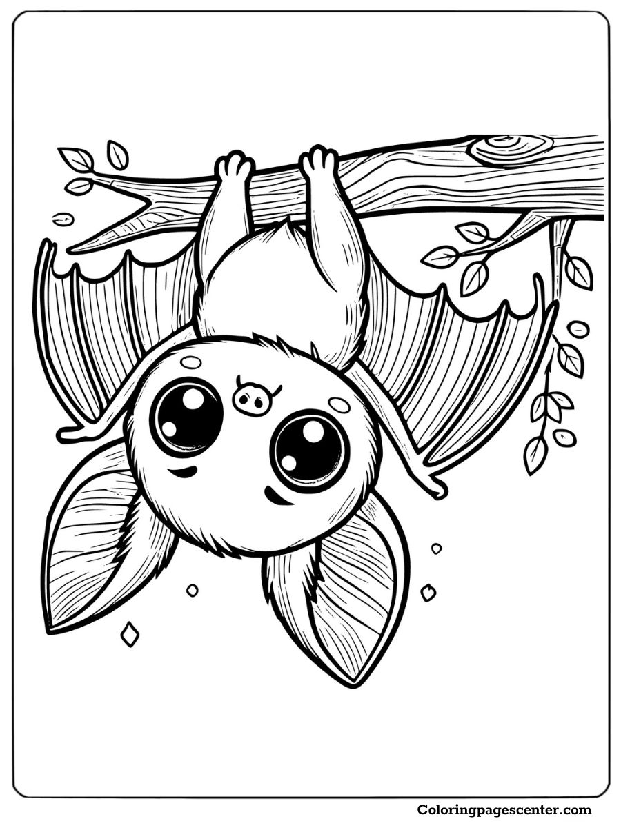 Sweet bat hanging upside down on a branch, ideal for a fun bat-themed coloring page