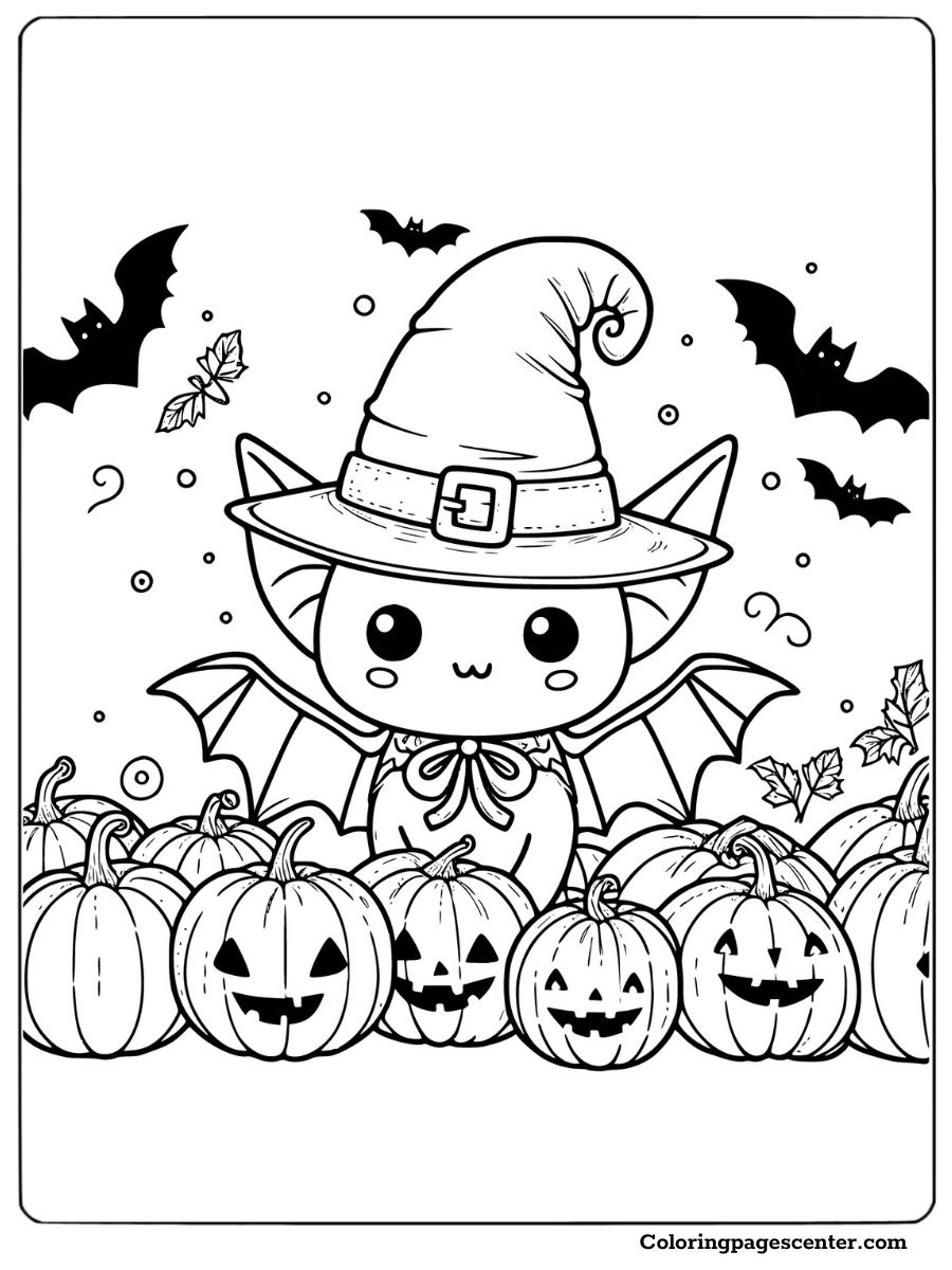 Charming bat dressed as a witch with pumpkins and bats, perfect for a Halloween-themed coloring page