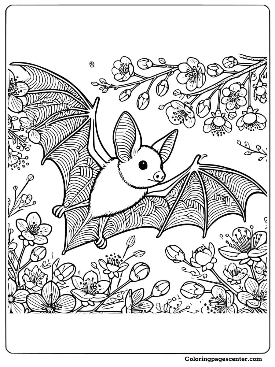 Graceful bat flying among blooming flowers, a nature-inspired bat coloring page