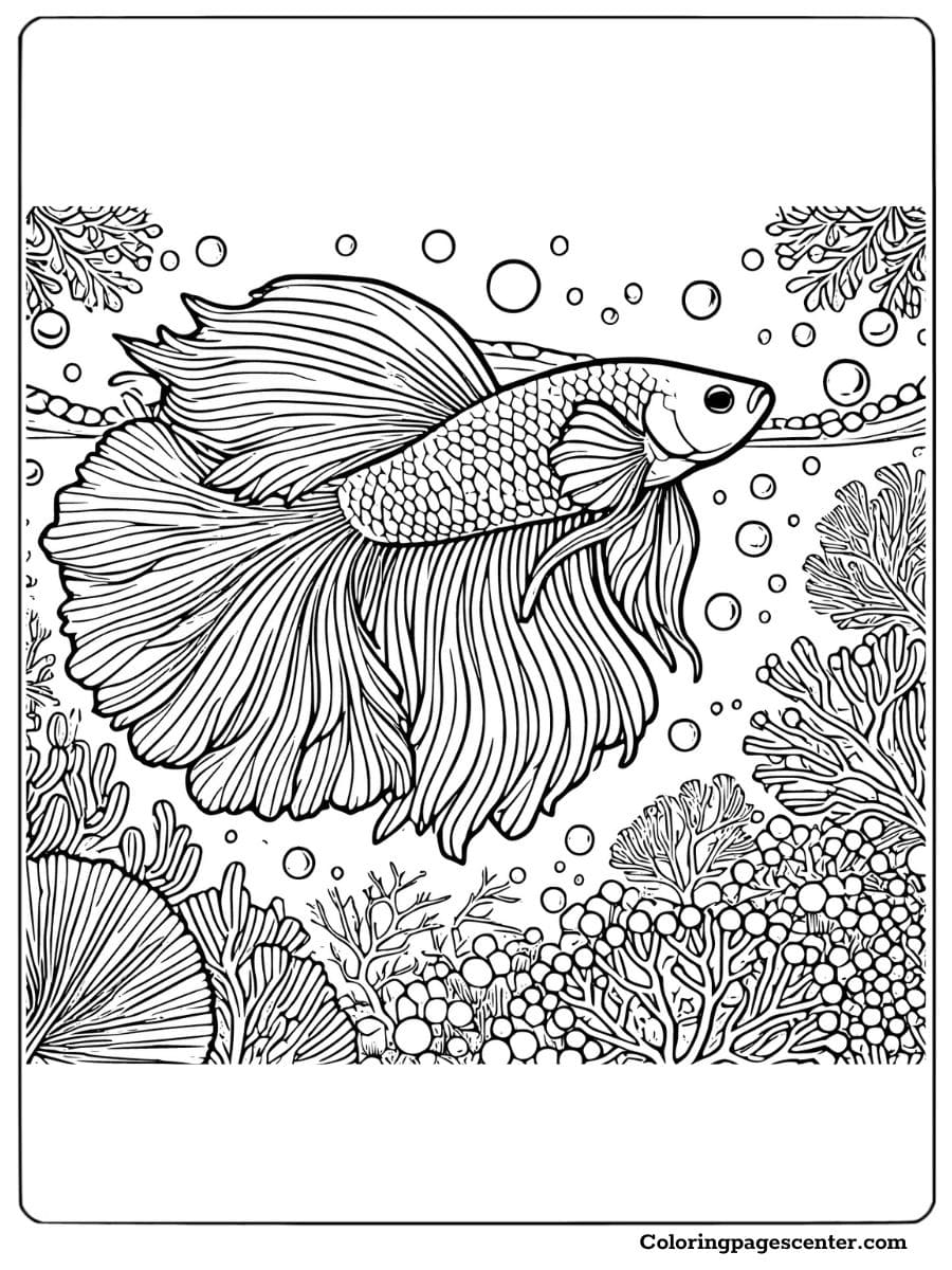 A detailed betta fish coloring page featuring a betta fish in a colorful coral reef environment