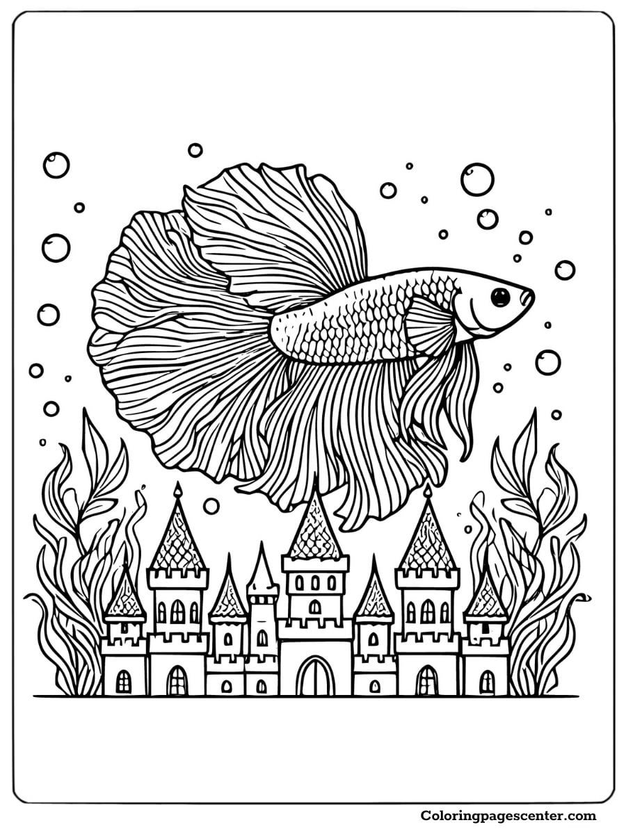 A betta fish coloring page highlighting a betta fish above a decorative underwater castle