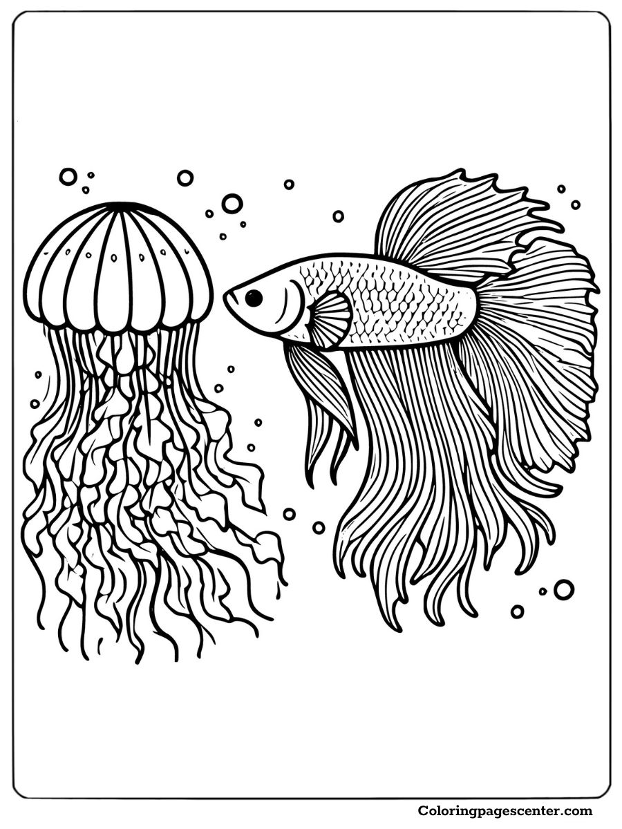 A betta fish coloring page showcasing a betta fish with flowing fins swimming alongside a jellyfish