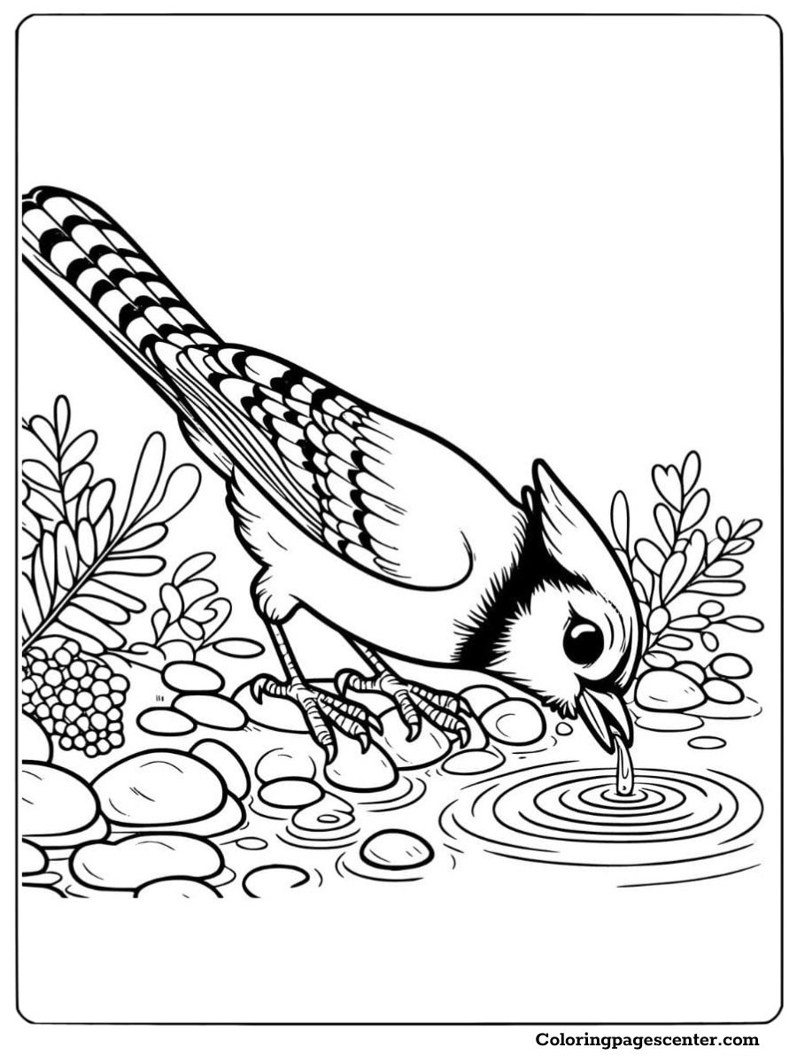 A blue jay drinking water by a pond detailed coloring page