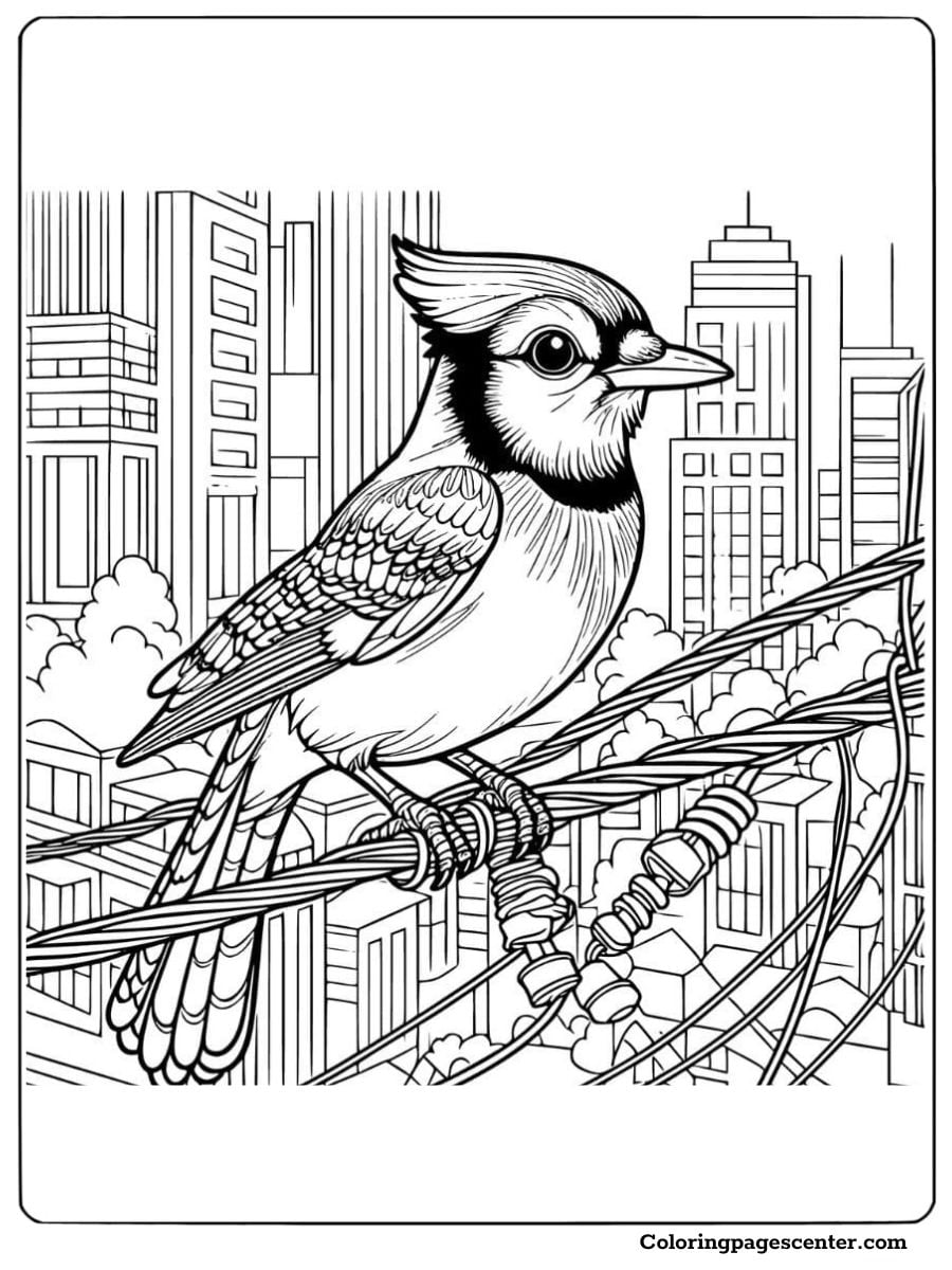 A blue jay sitting on a wire in the city fun coloring page