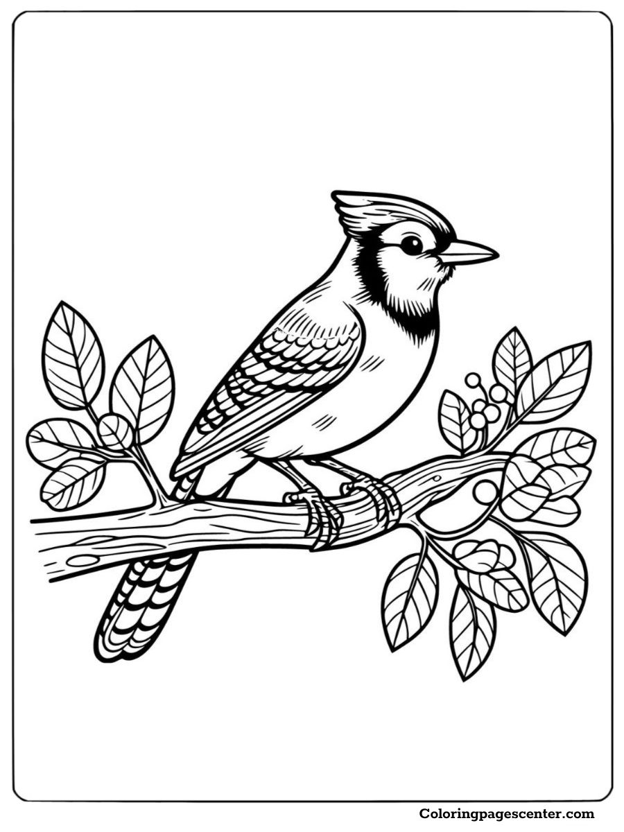 A blue jay perched on a tree branch printable coloring page