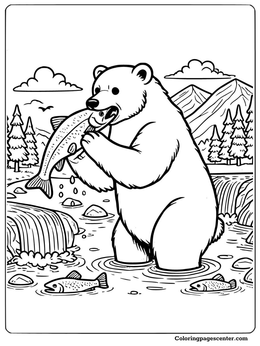 Simple brown bear fishing in the stream coloring page