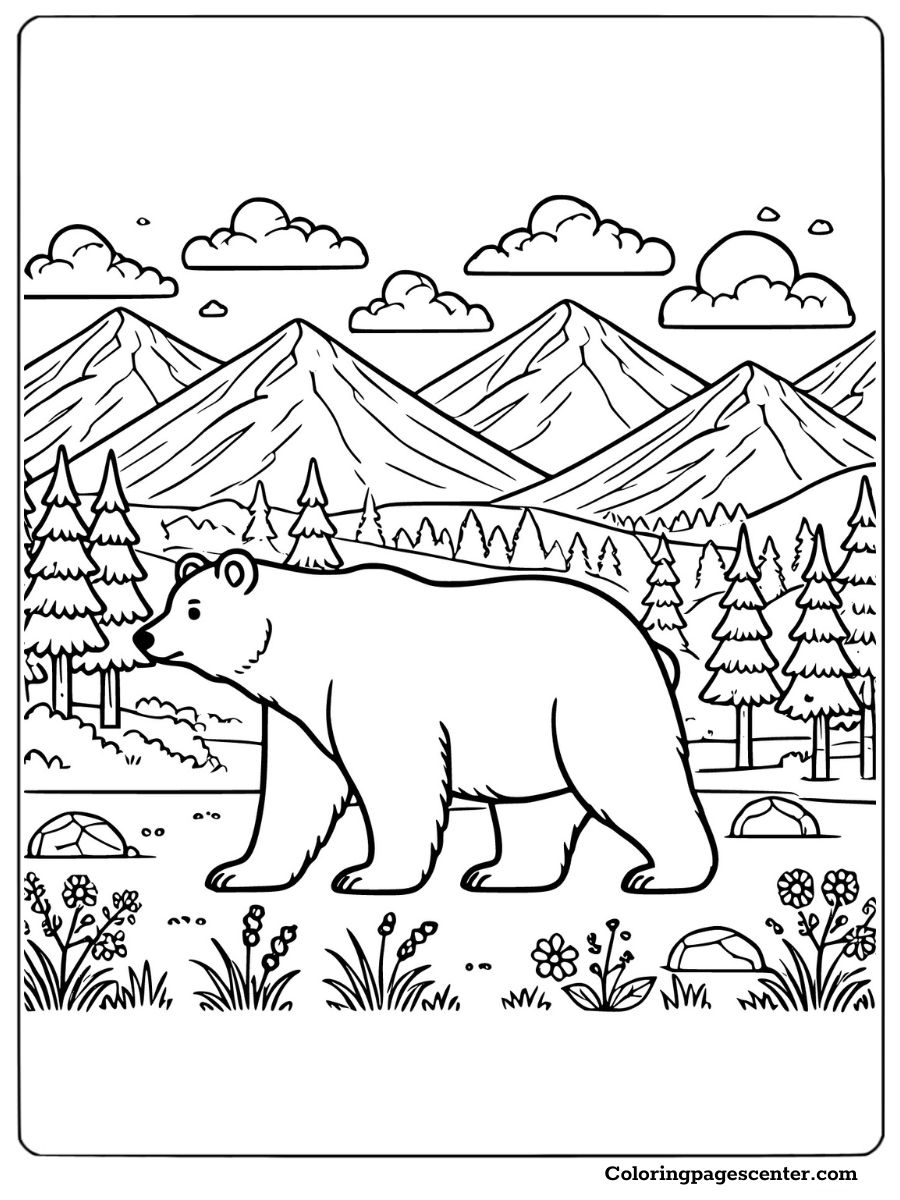 Easy brown bear walking in nature coloring page