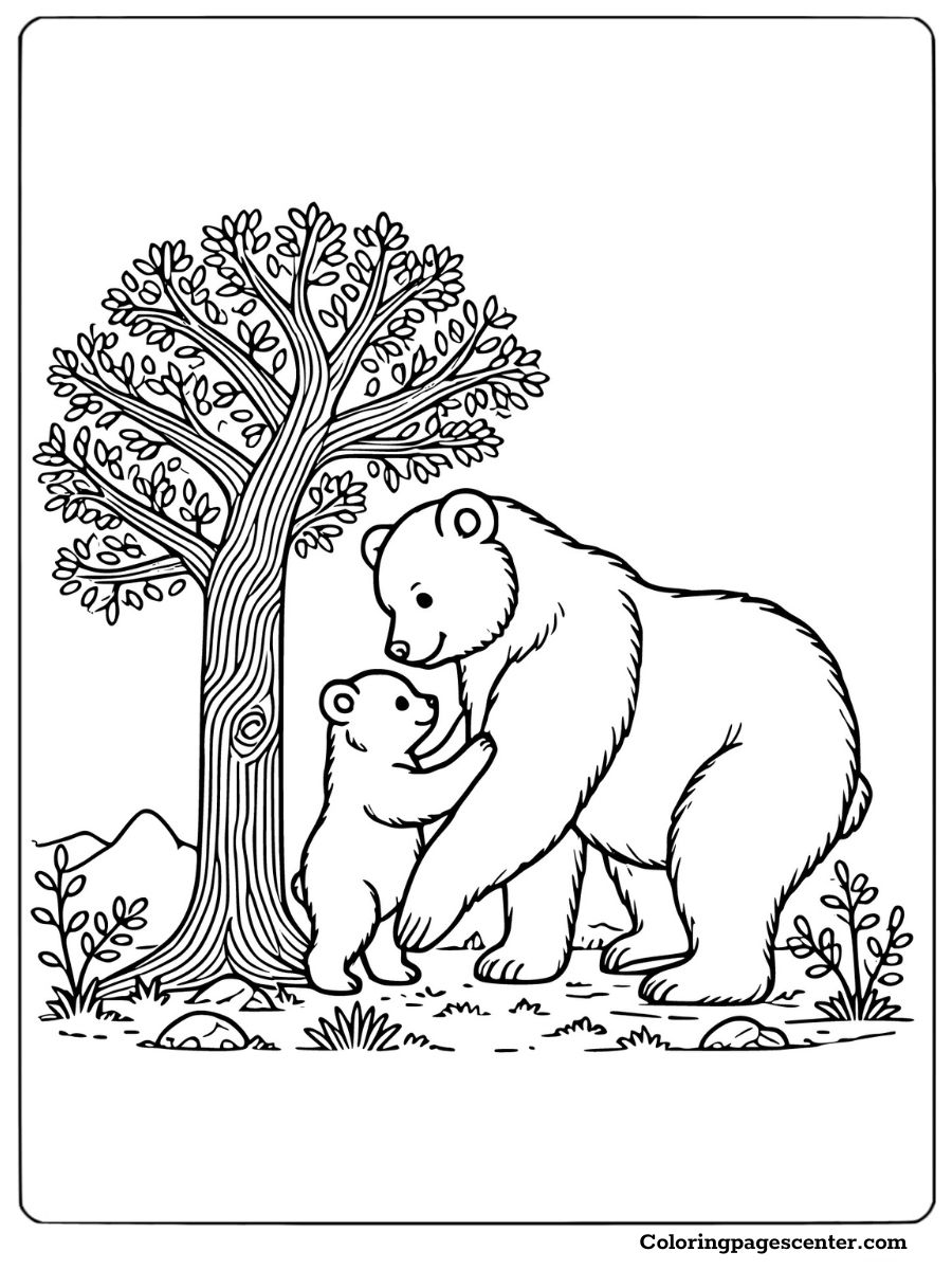 Cute brown bear family in the forest coloring page