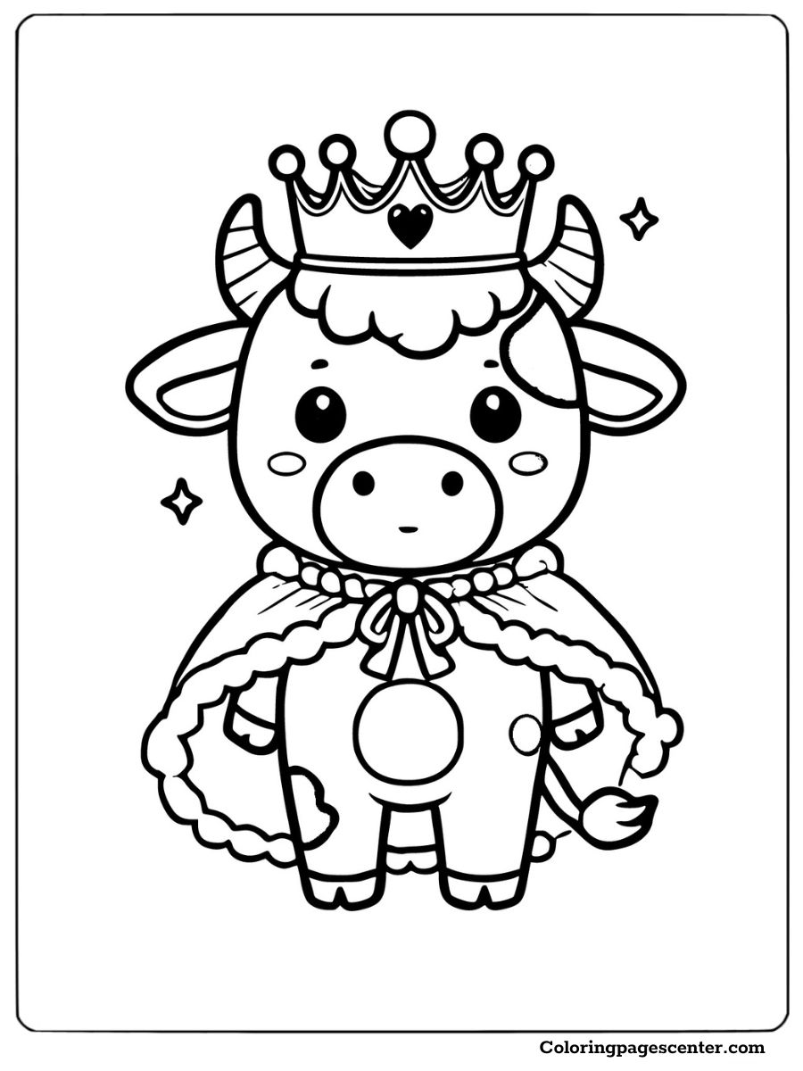 Cartoon cow dressed as a king with a crown coloring page