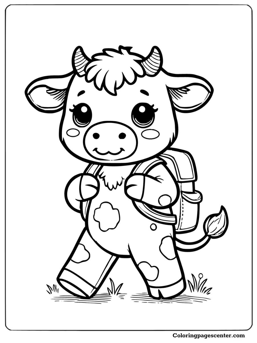 Cartoon cow walking to school with a backpack coloring page