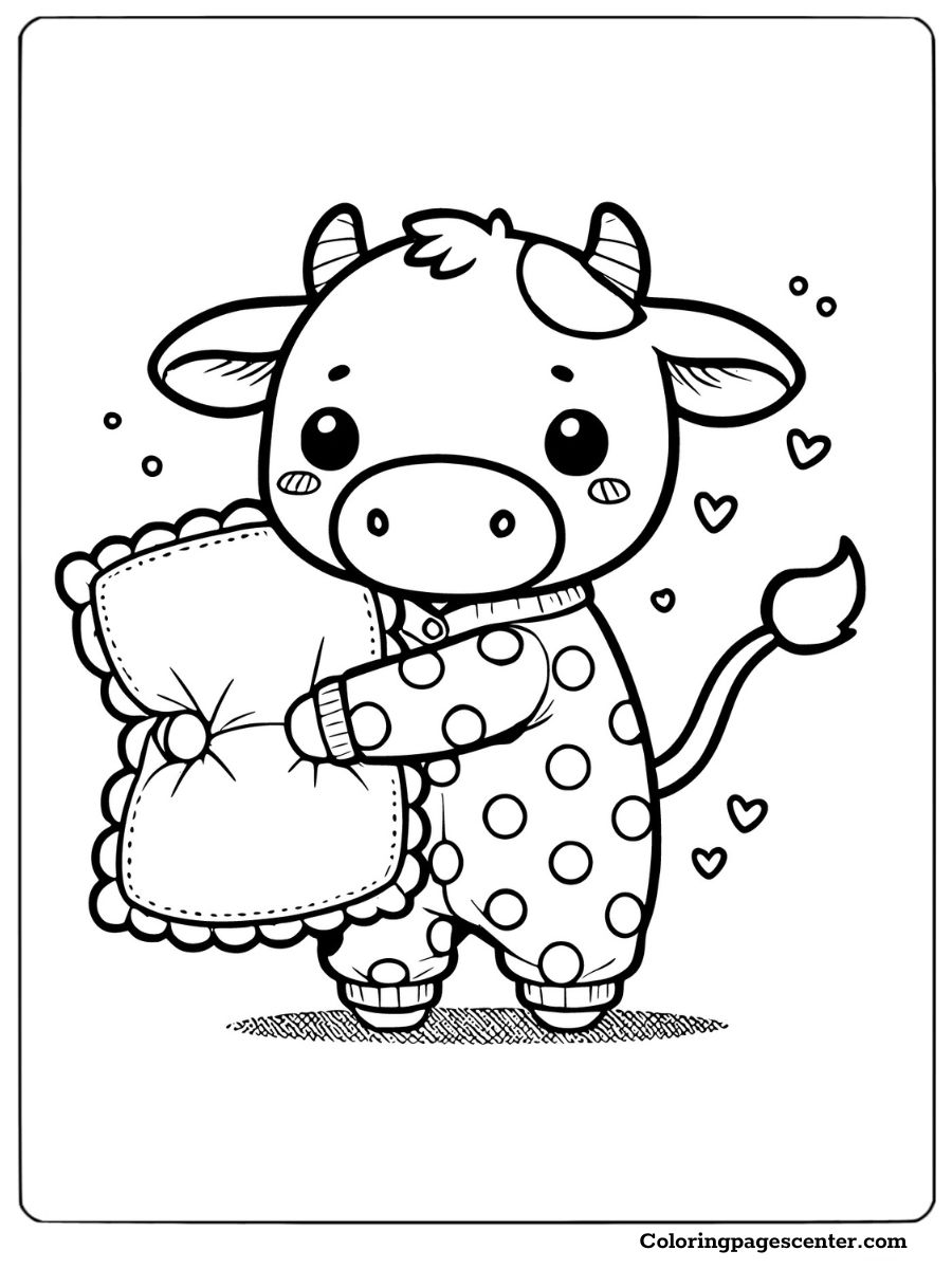 Sleepy cartoon cow with a polka-dot pillow coloring page