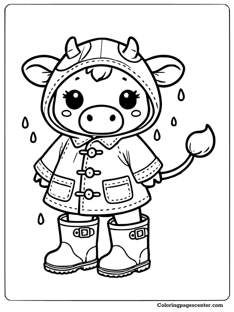 Cartoon cow in rain gear standing in the rain coloring page