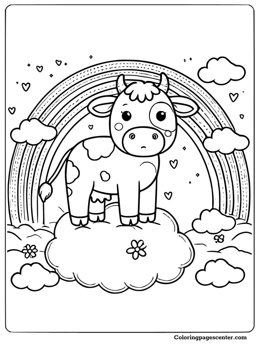 Happy cartoon cow standing on a rainbow cloud coloring page