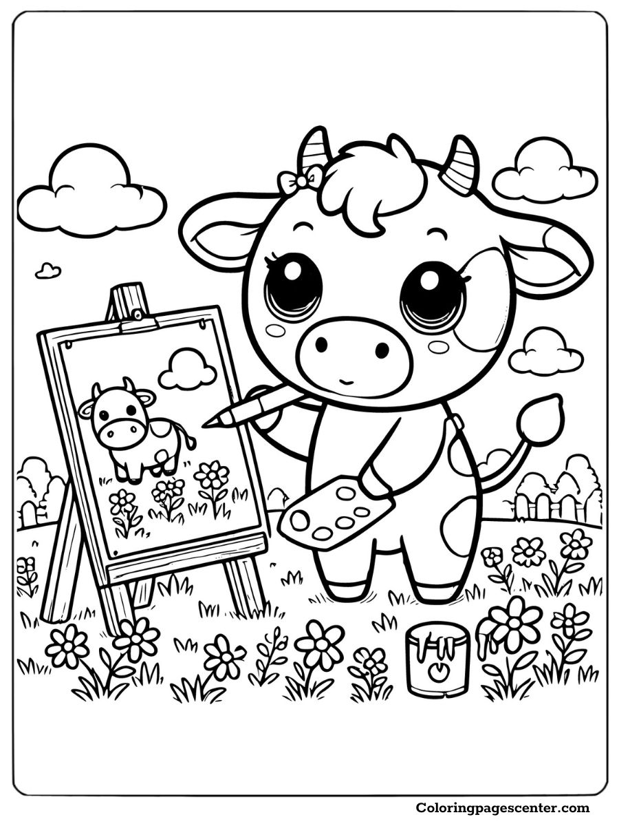 Adorable cartoon cow painting a meadow scene coloring page