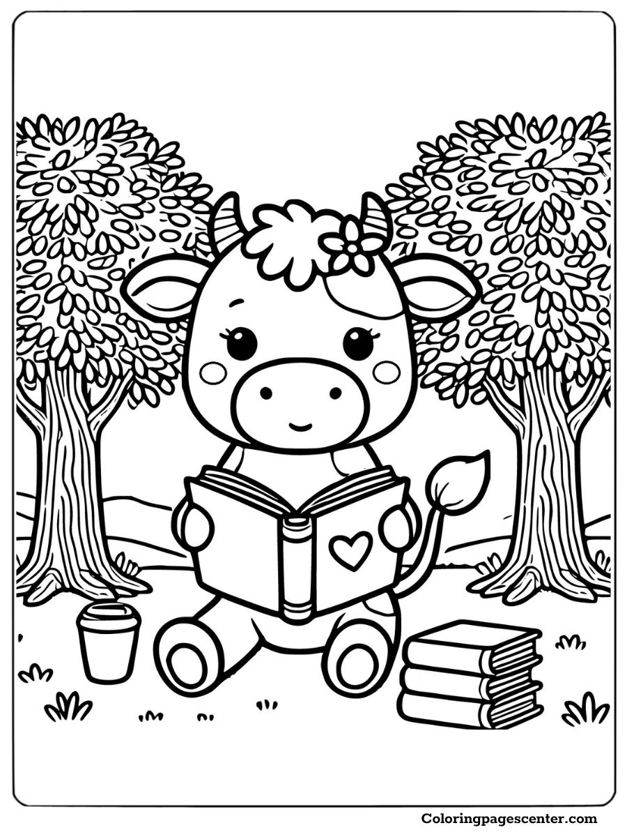 Cartoon cow enjoying a book in nature coloring page