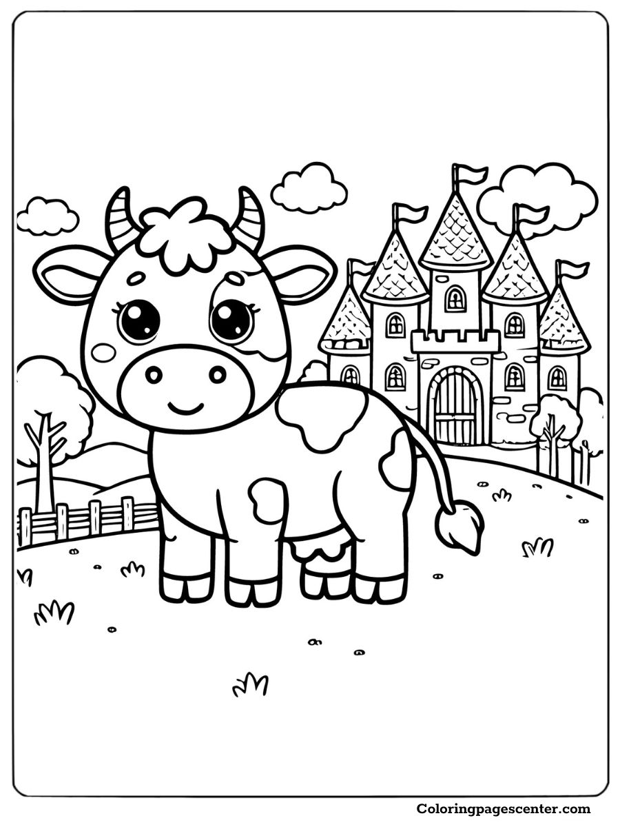 Cute cartoon cow in front of a castle coloring page