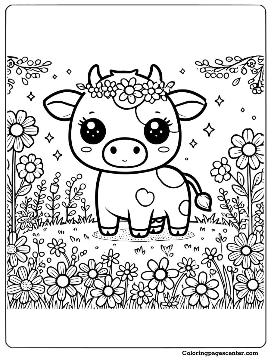 Cartoon cow wearing a floral crown in a meadow coloring page