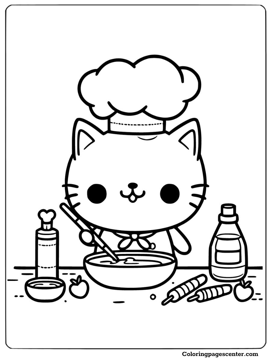 Adorable kitten with a chef hat cooking in a coloring page