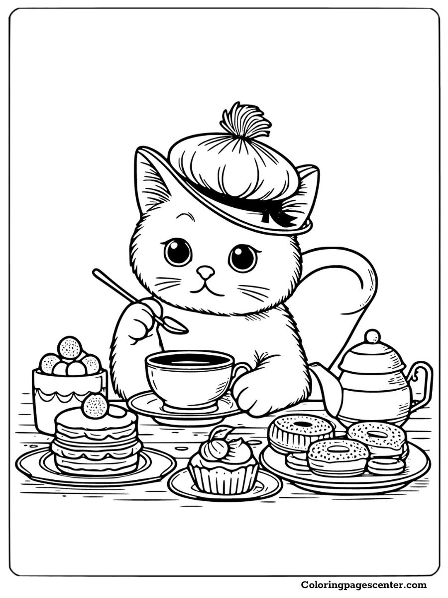 Elegant cat enjoying a tea party with pastries in a coloring page